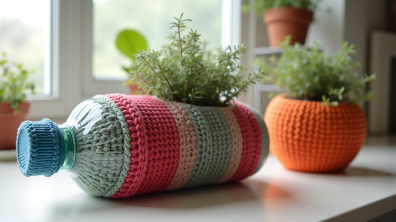 Crocheted PET bottle planter, colorful yarn, textured design, sustainable craft, natural light, Vaso de planta com textura de crochê feito com garrafa PET.