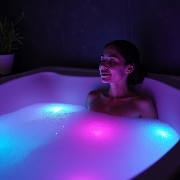 Cromoterapia para relaxamento na banheira jacuzzi.
