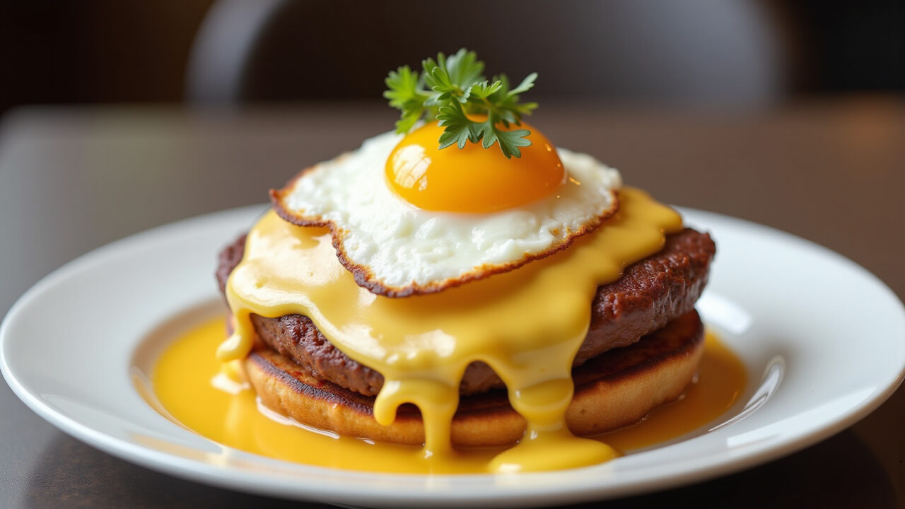 Croque Madame with a fried egg on top, served on a white plate, side view, 8k, professional food Croque Madame com ovo frito.