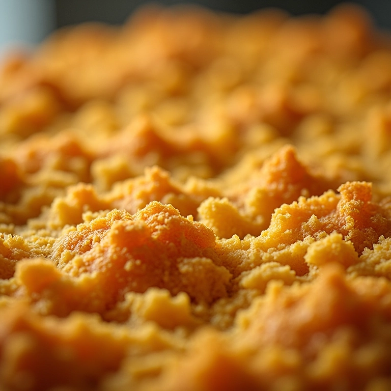 Crumble crocante com textura dourada.