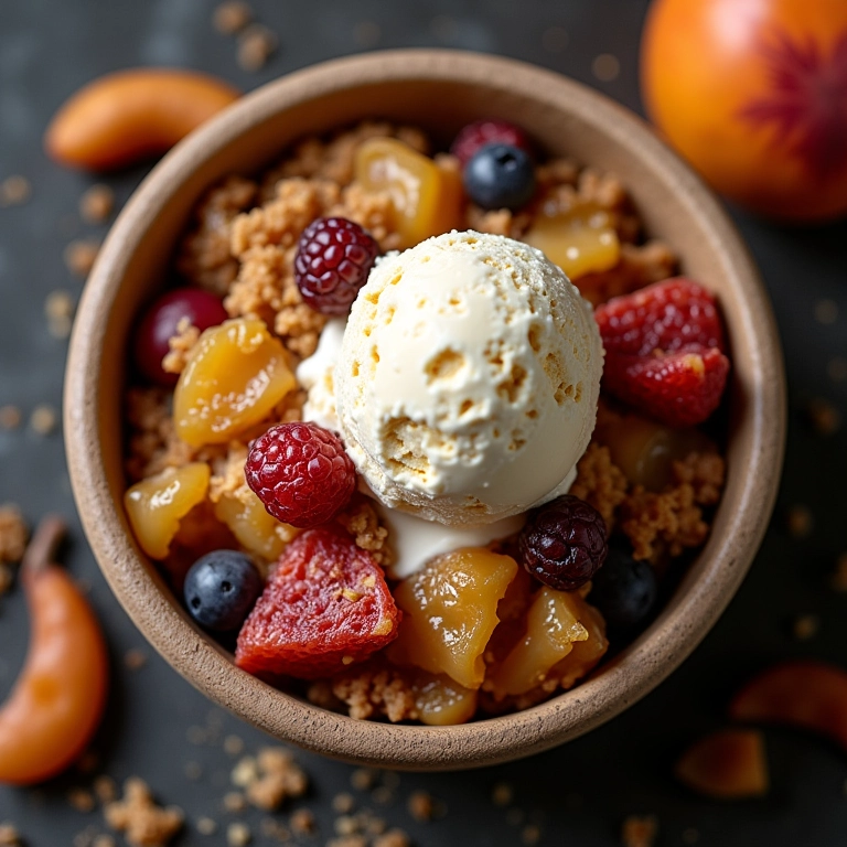 Crumble de frutas: a sobremesa fácil e crocante Crumble de frutas caseiro com frutas frescas e sorvete de baunilha.