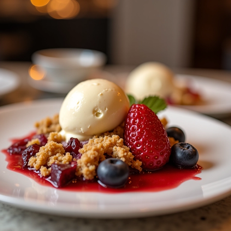 Crumble servido com sorvete e frutas vermelhas.