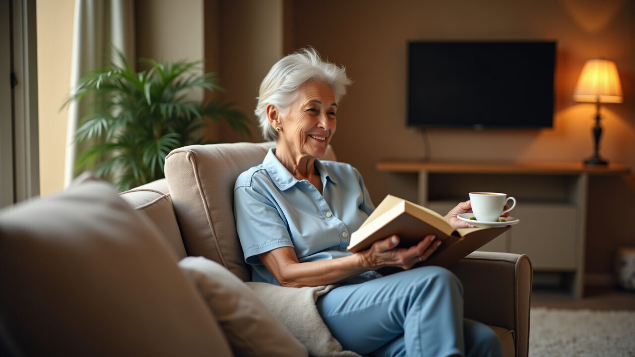 Cup of black tea with lemon, Brazilian woman in her 60s relaxing with a book, cozy living room, Xícara de chá preto com limão.