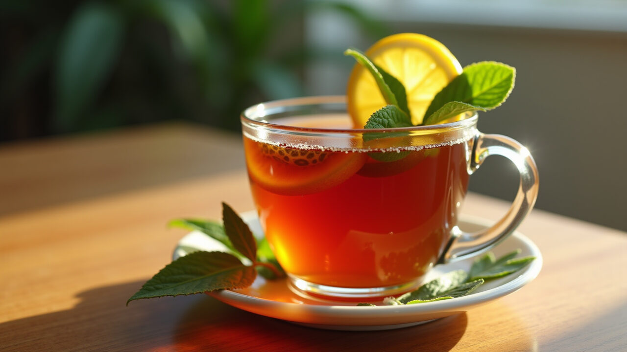 Cup of passion fruit leaf tea with lemon slice, refreshing look, bright light, wooden table, 8k Chá de folha de maracujá com limão.