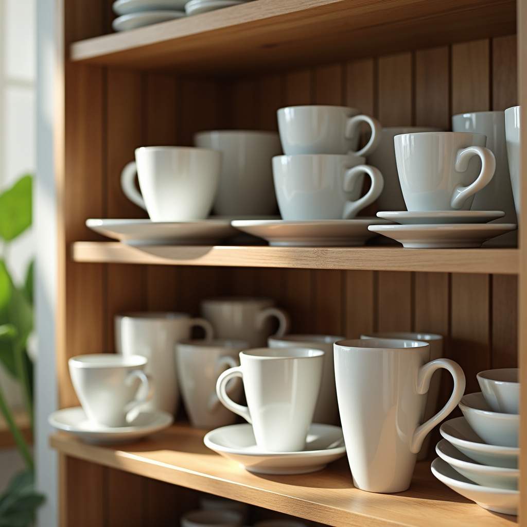 Cups and saucers organized by size and model, kitchen cabinet, Brazilian decor, natural lighting, Xícaras e pires organizados por tamanho e modelo no armário.