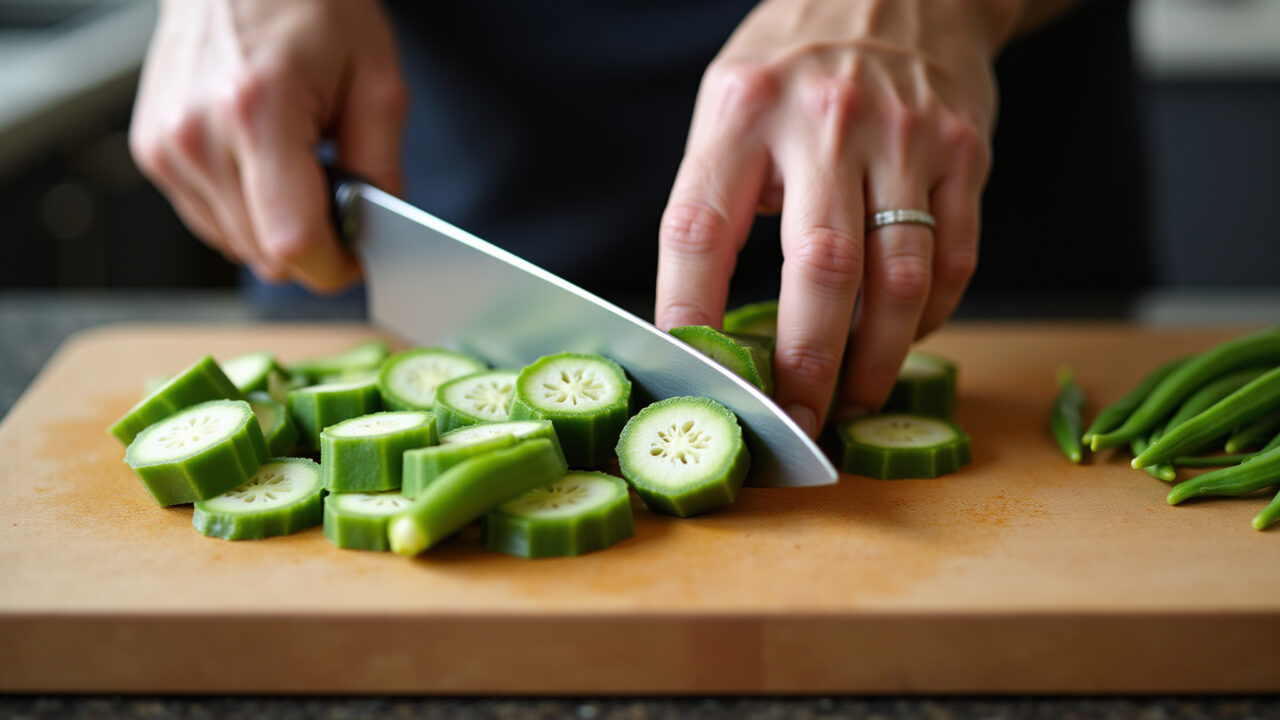 Cutting okra into thick slices, wooden cutting board, sharp knife, natural light, professional Quiabo sendo cortado em rodelas grossas.