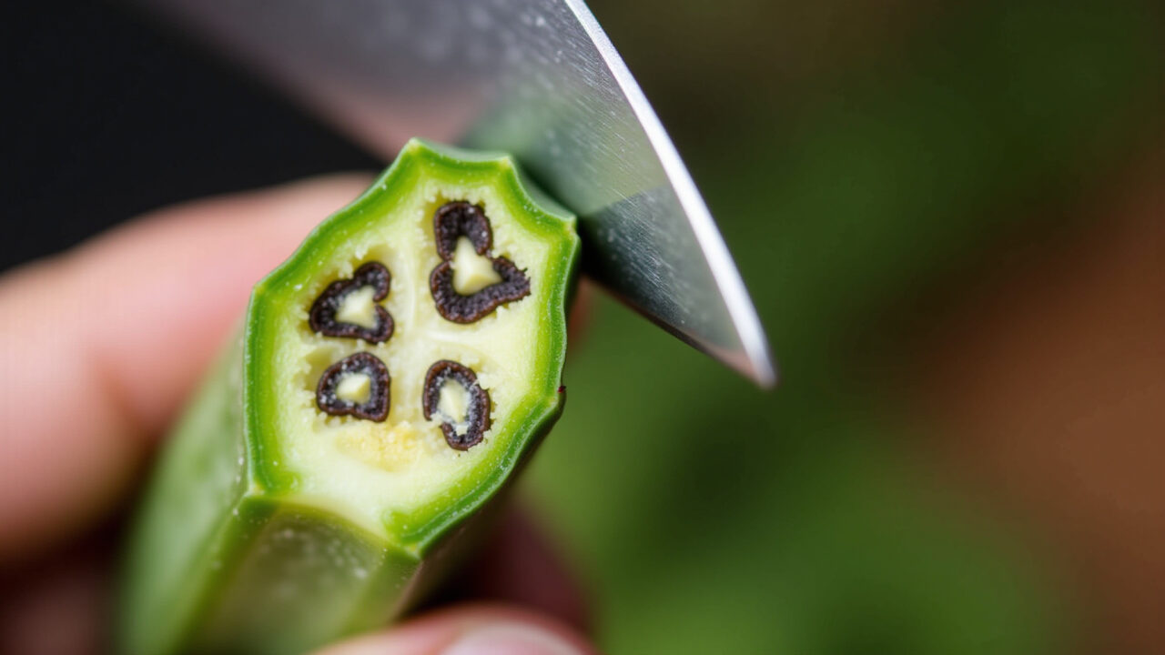Cutting okra, revealing dark seeds inside. Professional photography, 8K, sharp focus, natural Aparência interna do quiabo: sementes escuras indicam deterioração