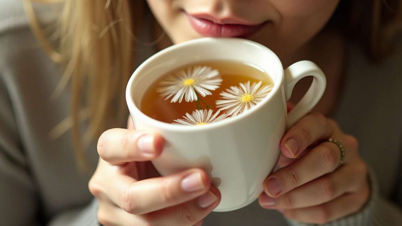 Dandelion tea, close-up, natural light, focus on tea cup, woman enjoying, lifestyle photography, 8k. Xícara de chá de dente de leão, bebida desintoxicante.