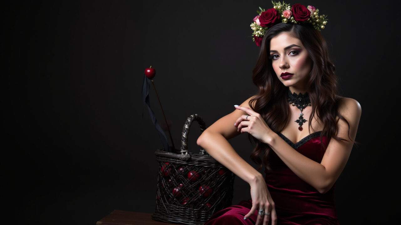 Dark fairytale Halloween costume, velvet dress, flower crown, dark makeup, poisoned apple basket, Branca de Neve dark: vestido de veludo, coroa de flores secas.