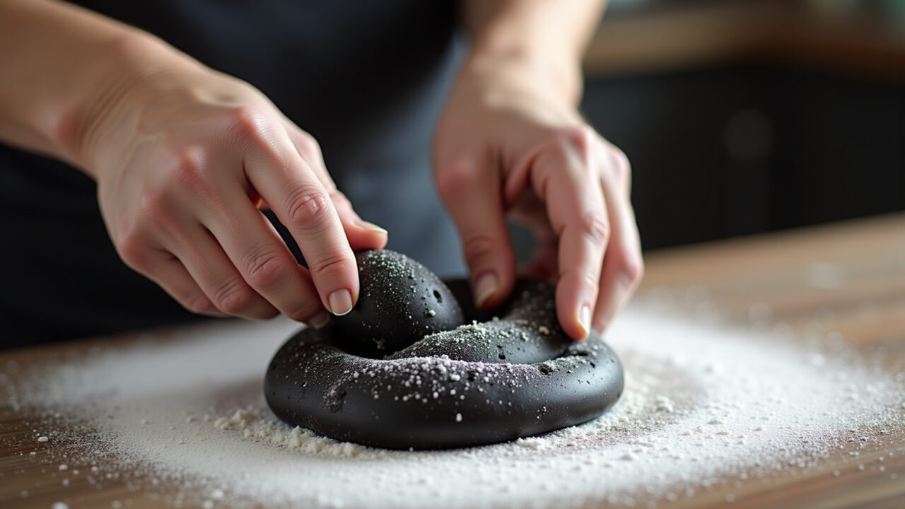 Dark fondant being kneaded with CMC powder, professional photography, 8K quality, sharp focus, Pasta americana preta sem grudar.