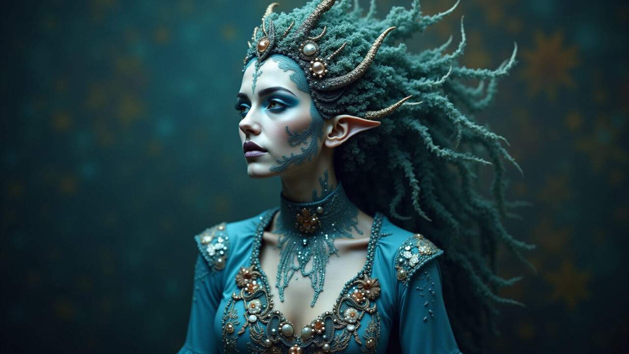Dark sea creature Halloween costume, blue clothes, green clothes, sequins, shells, seaweed, pearls, Criatura marinha sombria: roupas azuis, conchas e maquiagem azul.