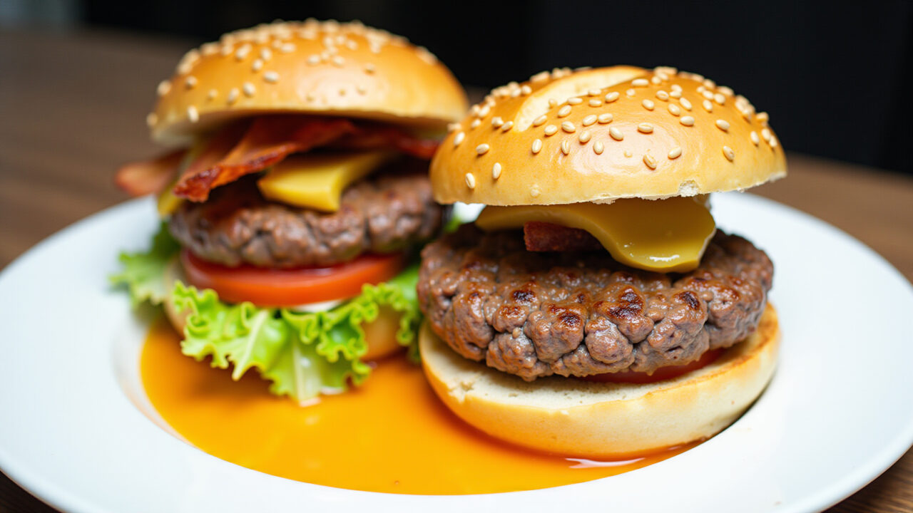 Deconstructed hamburger with ground meat, salad, bread, cheese, bacon, sauces, served on a plate, Hambúrguer desconstruído com carne picada e salada.