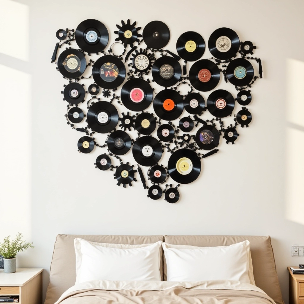 Decoração de parede criativa usando discos de vinil, dispostos em um padrão estiloso.