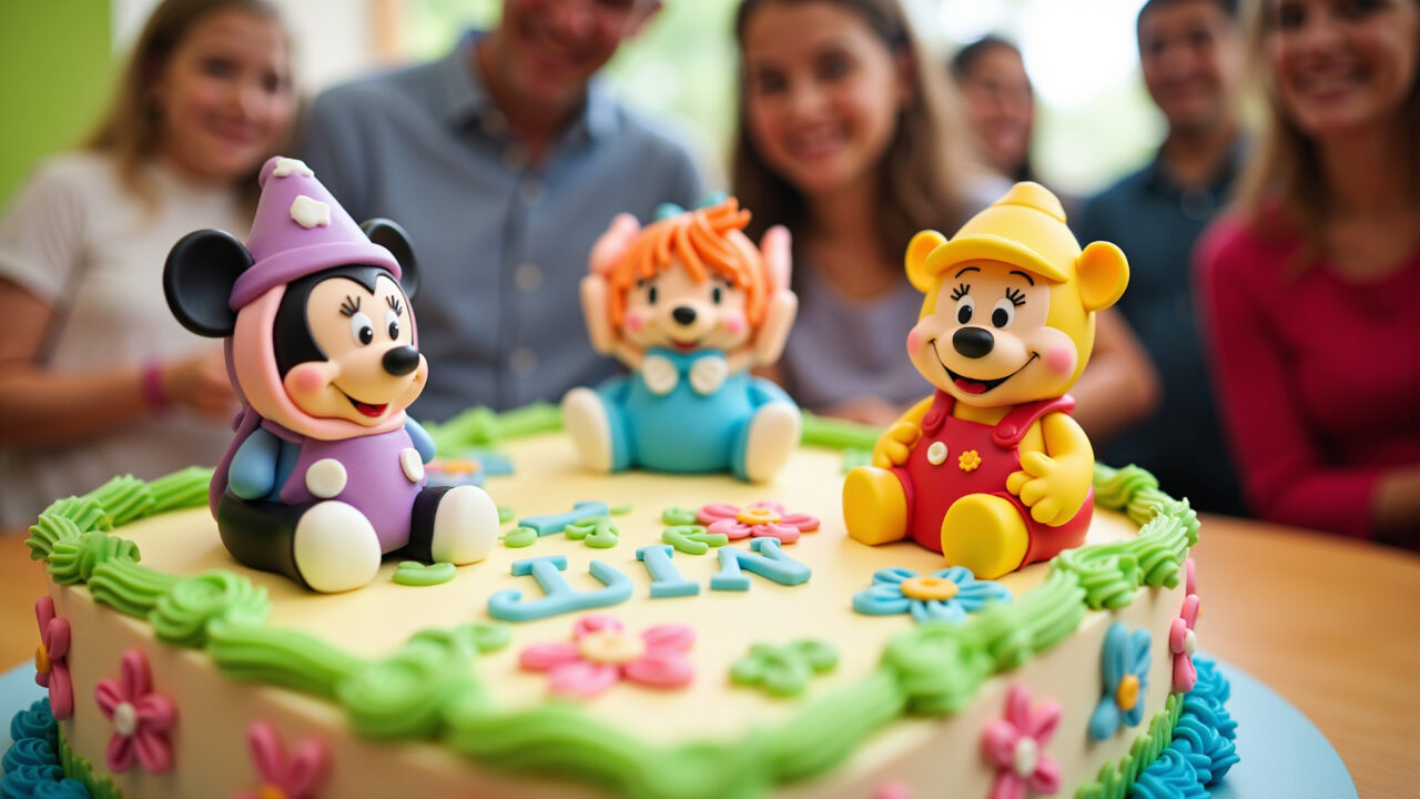 Decorated cake for children's party with cartoon characters and vibrant colors, professional Bolo decorado para festa infantil com personagens de desenhos animados.