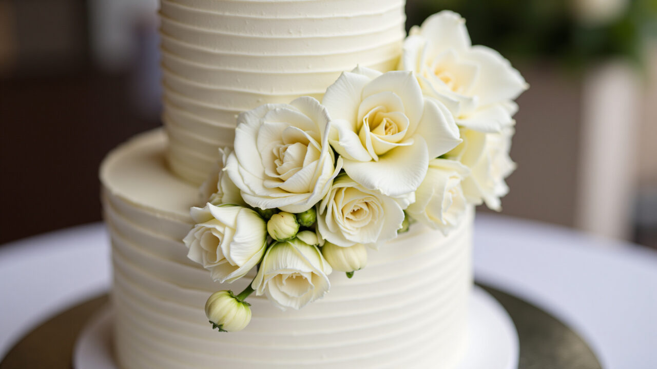 Decorated cake for wedding with white flowers and elegant design, sharp focus, 8K quality, Bolo decorado para casamento com flores brancas e design elegante.