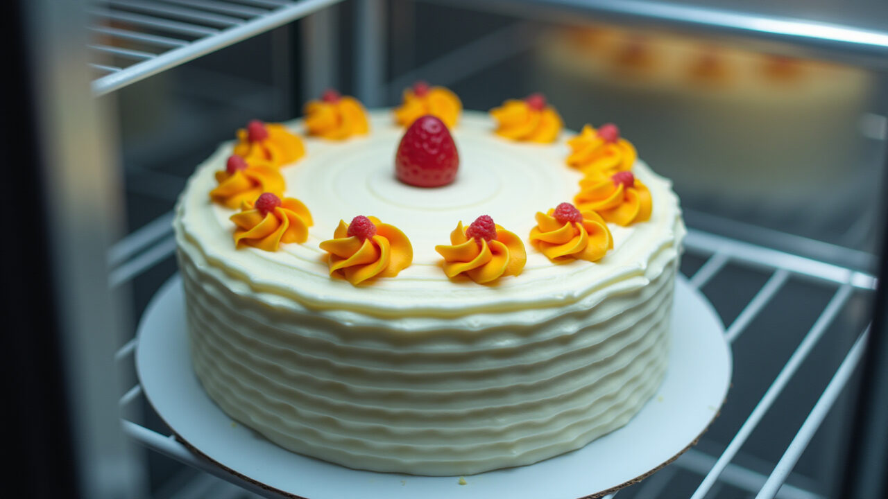 Decorated cake in airtight container, refrigerator, sharp focus, 8K quality, natural lighting, Armazenamento correto de bolo decorado com bico de confeitar.