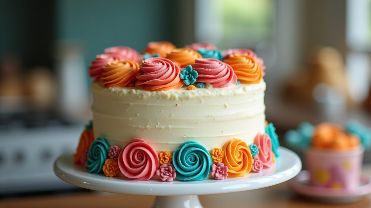 Decorated cake with chantilly rosettes and colorful food coloring, sharp focus, 8K quality, Bolo decorado com chantilly e corantes vibrantes.