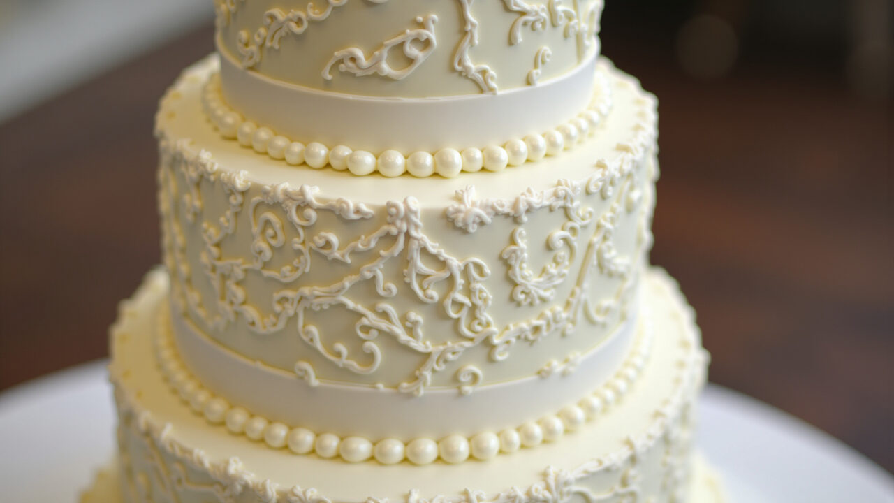 Decorated cake with royal icing, delicate details, and arabesques, sharp focus, 8K quality, Bolo decorado com glacê real e detalhes delicados.
