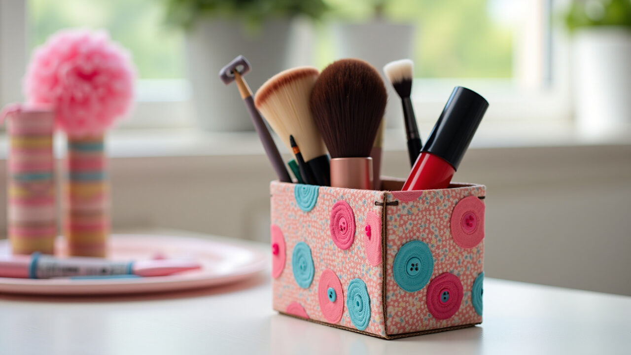 Decorated cardboard makeup organizer, colorful fabrics, ribbons, buttons, DIY, 8k, sharp focus, Organizador de maquiagem de papelão decorado com tecidos e fitas.