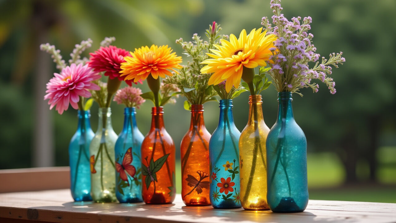 Vasos decorados feitos com garrafa PET.