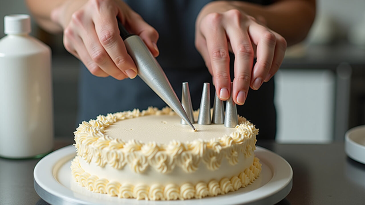Decorating buttercream cake with piping tips, professional photography, 8K, sharp focus, natural Bolo sendo decorado com bicos de confeitar e buttercream.