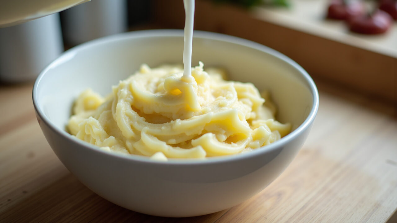 Defrosted mashed potatoes in a bowl, being reheated with milk. Brazilian kitchen, natural light, 8K Descongelando purê de batata com leite.
