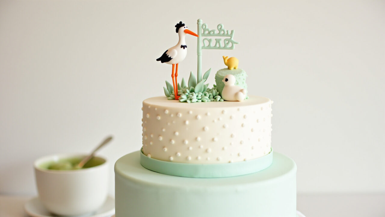Delicate baby shower cake topper with a stork and baby-themed elements, soft pastel colors, Topper de bolo delicado para chá de bebê com cegonha.
