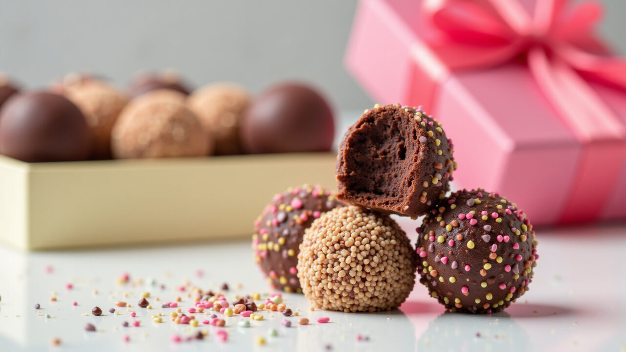 Delicate Nescau truffles, chocolate sprinkles, gift box, 8K, professional photography, vibrant Trufas de Nescau delicadas para presentear.