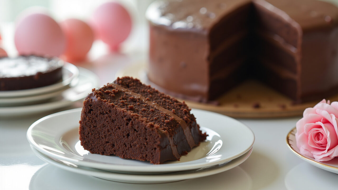 Delicious chocolate cake slice, party setting, natural light, 8K quality, sharp focus, lifestyle Fatia de bolo de chocolate decorado para festa infantil.