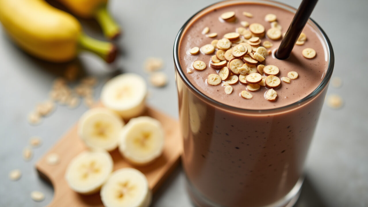 Delicious chocolate whey protein shake with banana and oats, served in a glass with a straw, Shake proteico de whey de chocolate com banana e aveia.