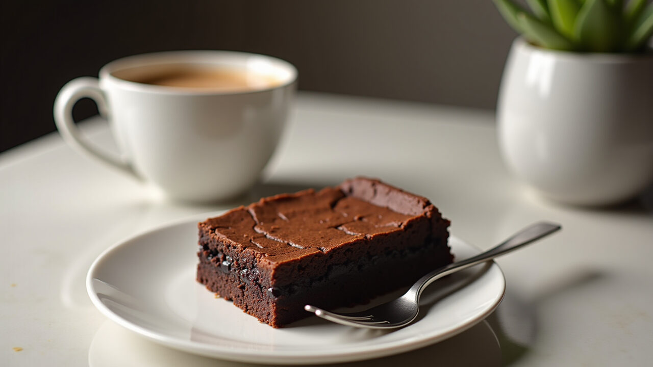 Delicious Nescau brownie, slice on a plate, coffee cup, 8K, professional photography, sharp focus, Brownie de Nescau fácil e delicioso.