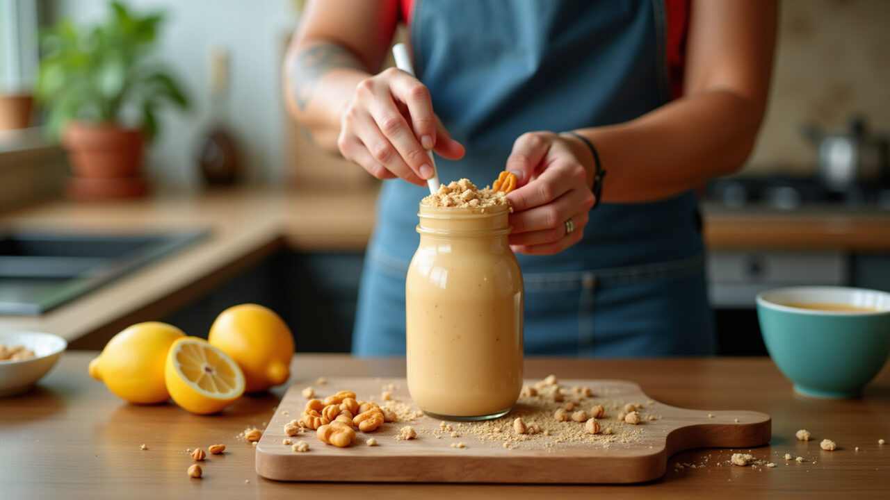Delicious peanut butter smoothie preparation, vibrant Brazilian kitchen, natural lighting, Smoothie de pasta de amendoim sendo preparado em cozinha vibrante.