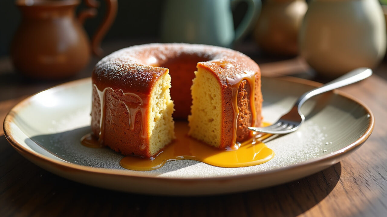 Delicious spice cake with honey drizzle, warm light, rustic kitchen, Brazilian touch, 8k, Bolo de mel com especiarias, receita caseira.