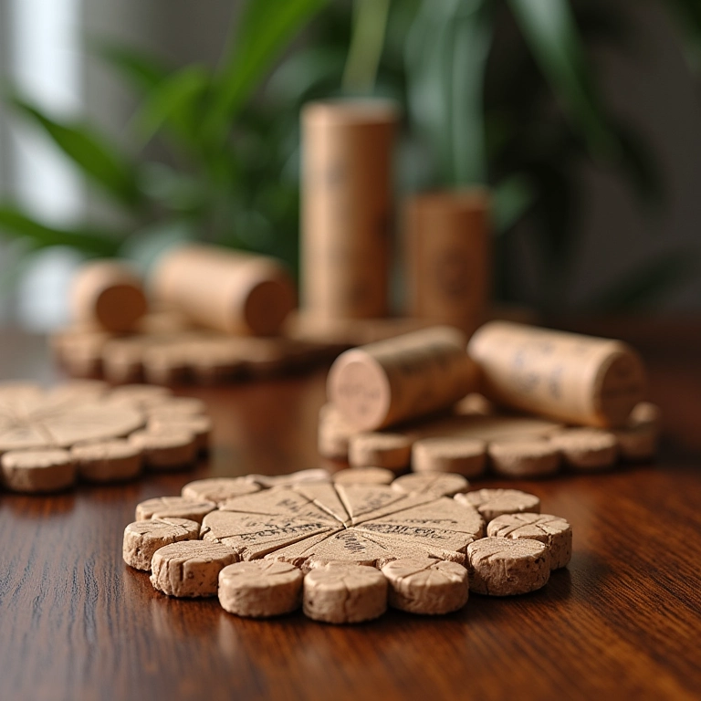 Descansos de copo e objetos decorativos feitos com rolhas de cortiça reutilizadas em uma mesa.