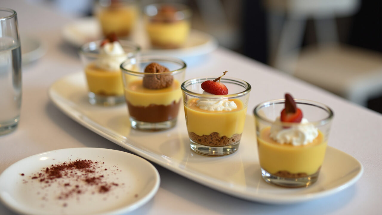 Desserts served in individual glass jars, puddings, mousses, parfaits, 8K, professional Sobremesas servidas em potes de vidro individuais.