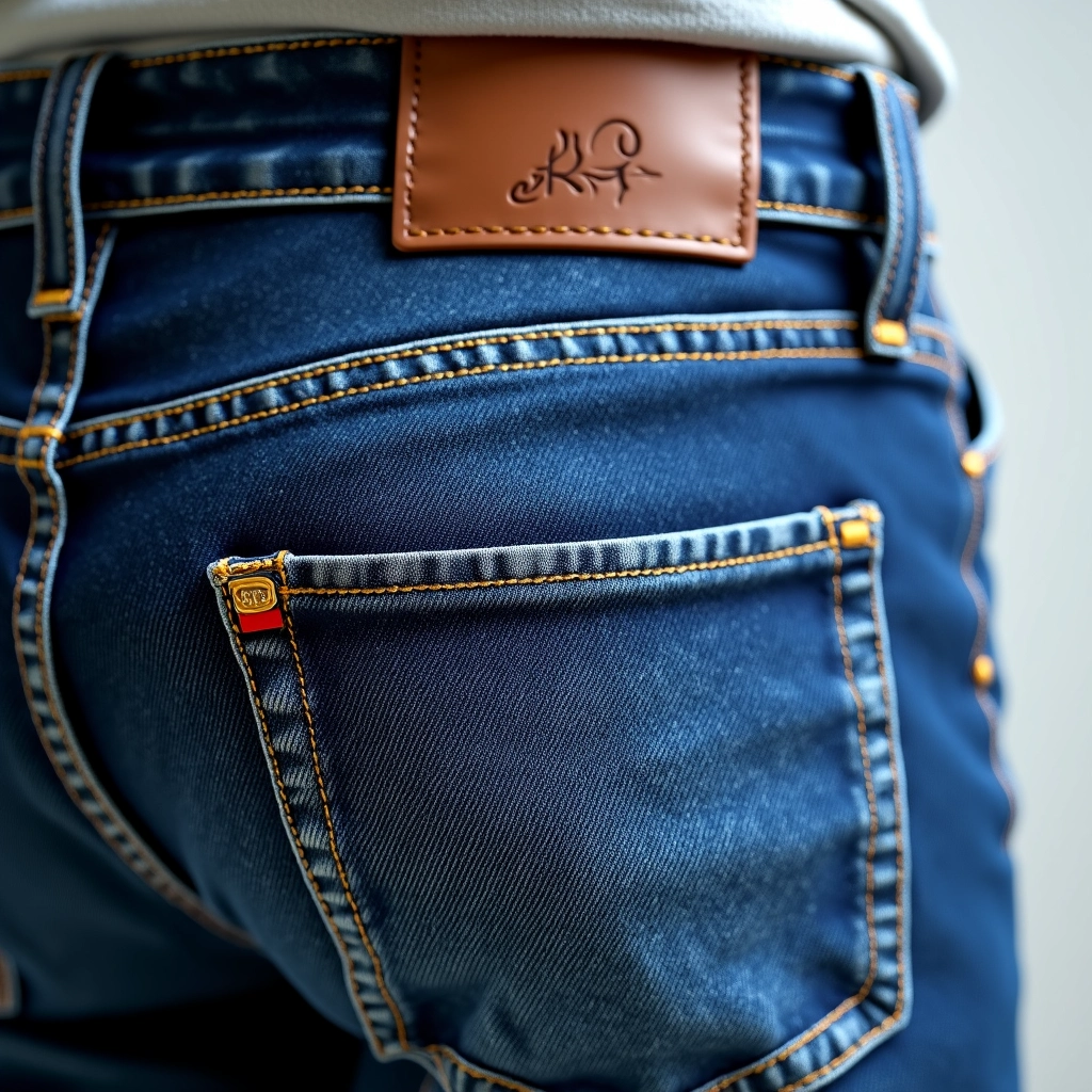 Detalhe da costura inglesa em calça jeans, resistente e durável.