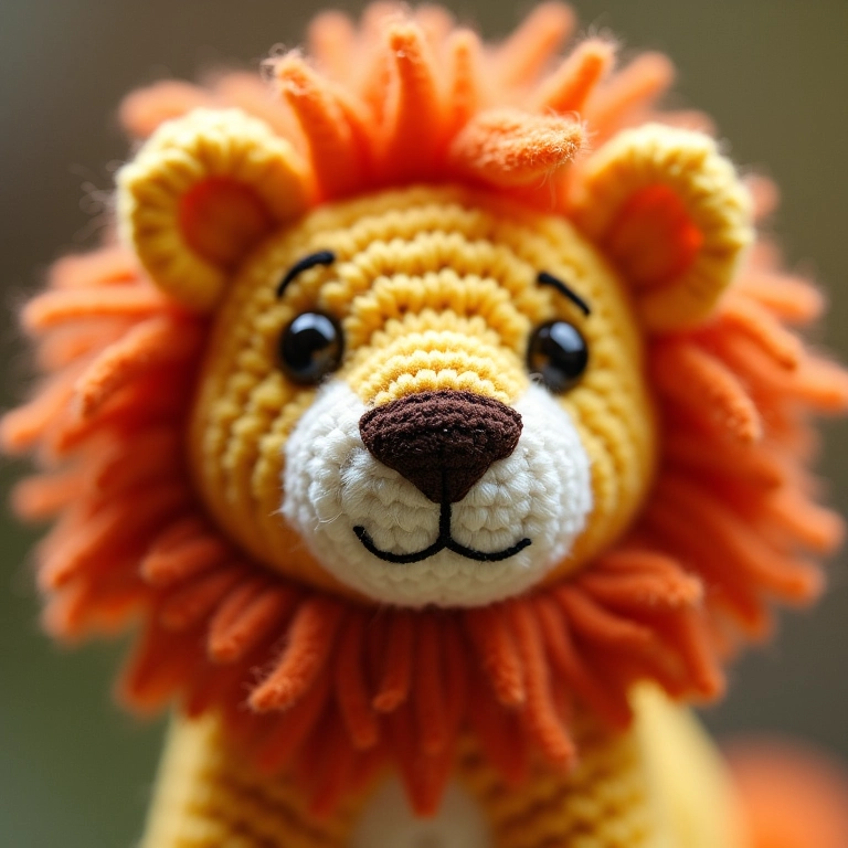 Detalhe da juba e rosto do leão amigurumi.