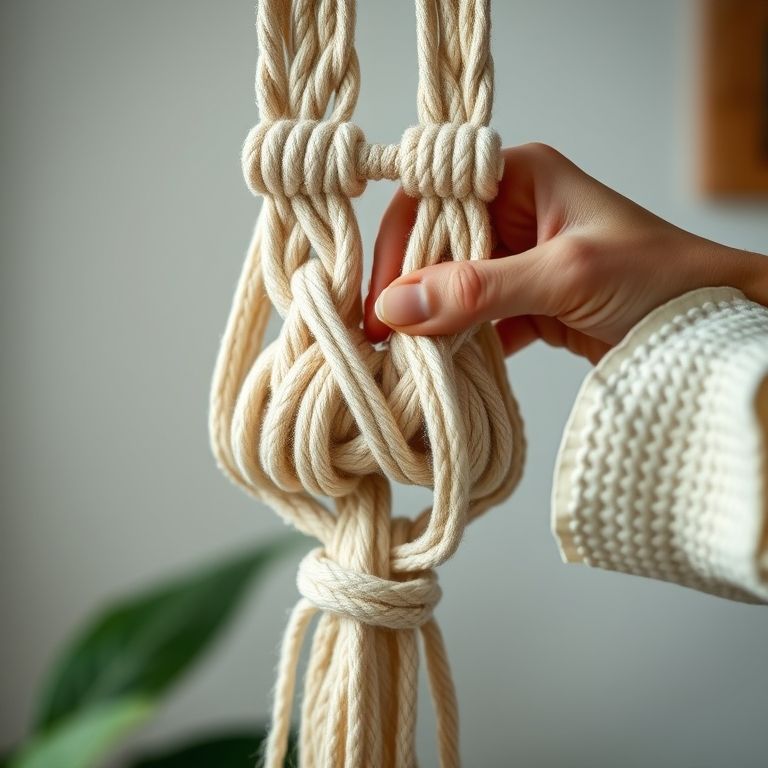 Detalhe das mãos habilidosas criando um nó festonê em macramê, destacando a beleza das curvas.