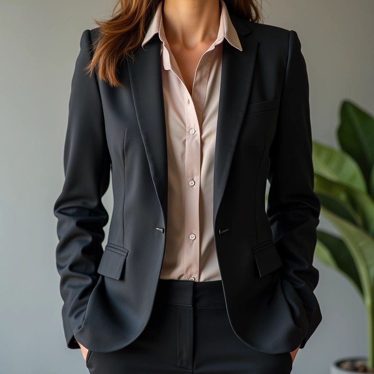 Detalhe de blazer, blusa neutra e calça de alfaiataria, peças-chave para entrevista.