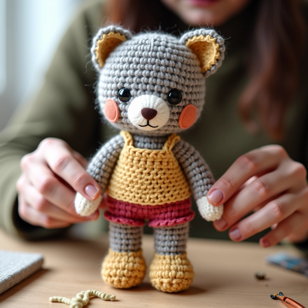 Detalhe de boneca amigurumi personalizada.