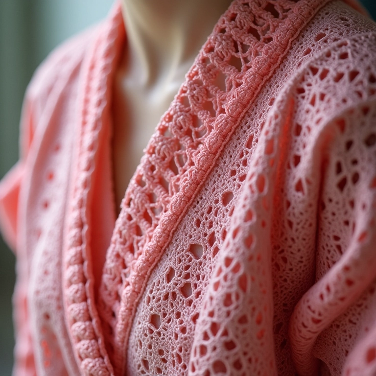 Detalhe de franjas em um kimono de crochê.
