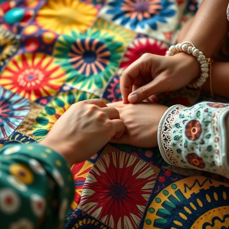 O Que é Patchwork a Arte de Unir Retalhos de Tecido Detalhe de mãos diversas costurando colcha de patchwork colorida.