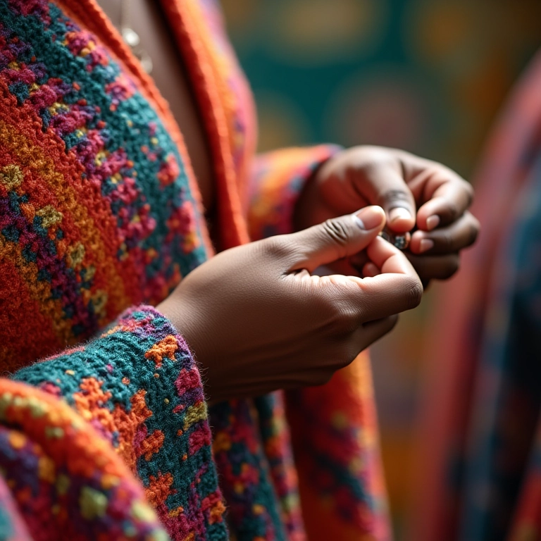 Xale de Crochê Passo a Passo com Gráfico Para Não Errar Detalhe de mãos diversas crocheando um xale colorido com padrões intricados.