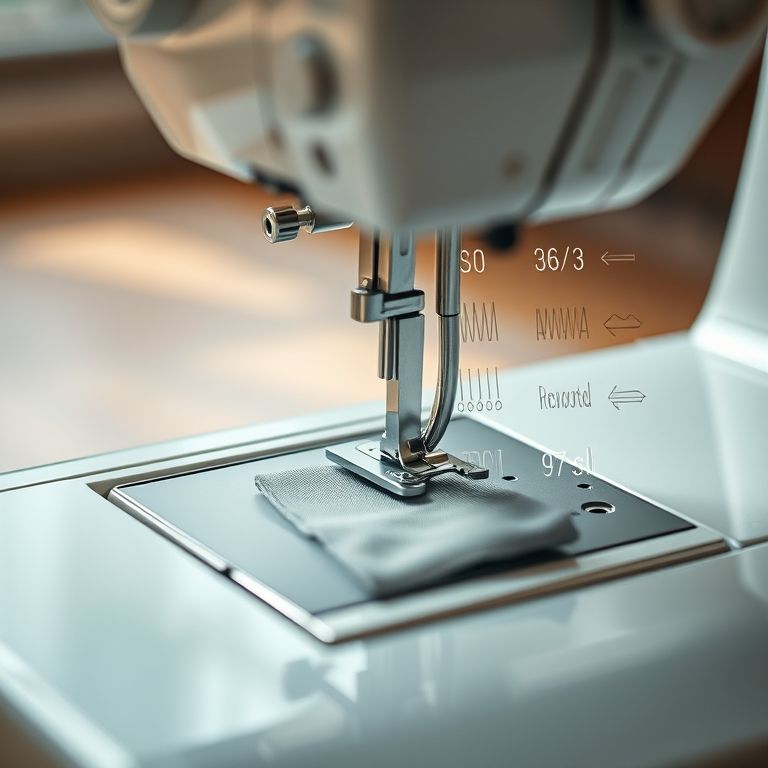 Detalhe de máquina de costura mostrando opções de pontos e amostra de tecido sendo costurada.