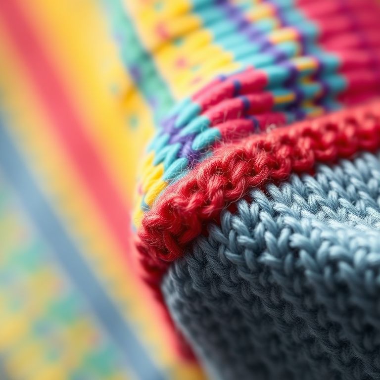 Detalhe de ponto overlock vibrante na borda de um tecido de malha colorido.