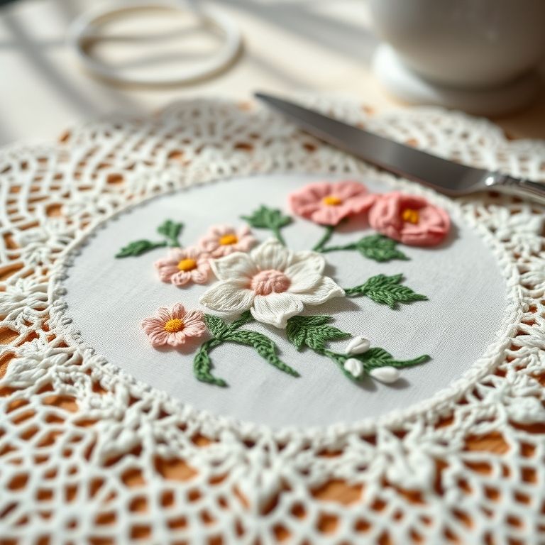Detalhe de um jogo americano de crochê com bordados florais delicados.