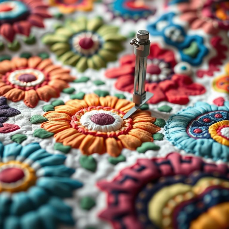 Detalhe de um quilt colorido sendo trabalhado com quilting livre, mostrando padrões intricados.