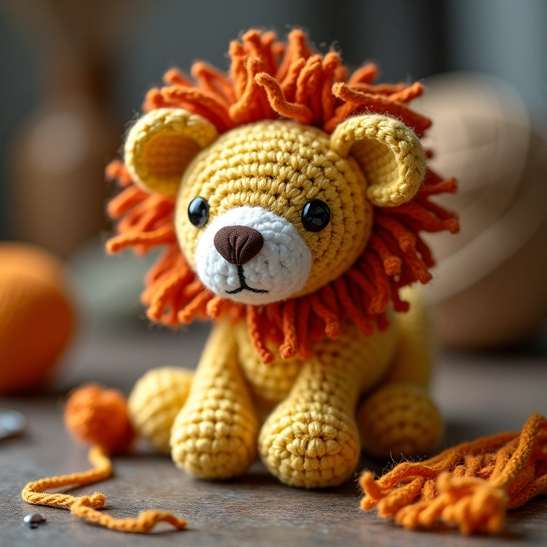 Detalhe dos pontos de crochê do leão amigurumi.