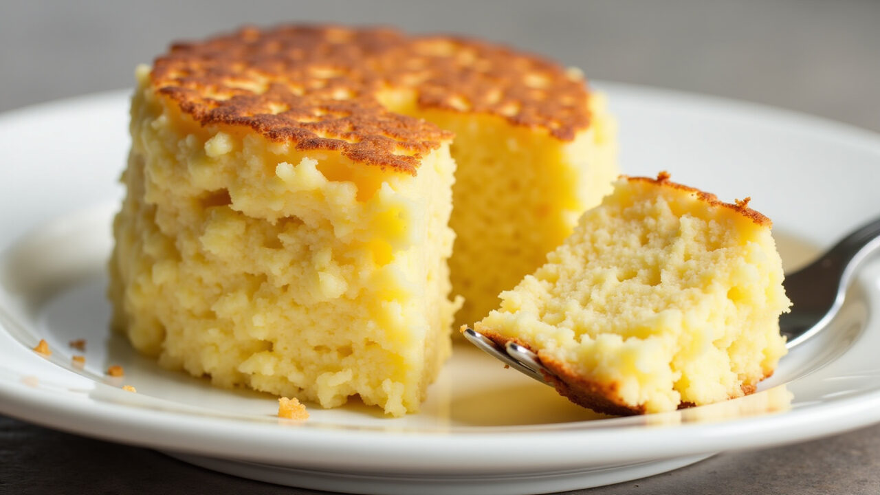 Diet creamy corn cake, light and healthy ingredients, served on a plate with a sugar substitute, Bolo cremoso de milho diet.
