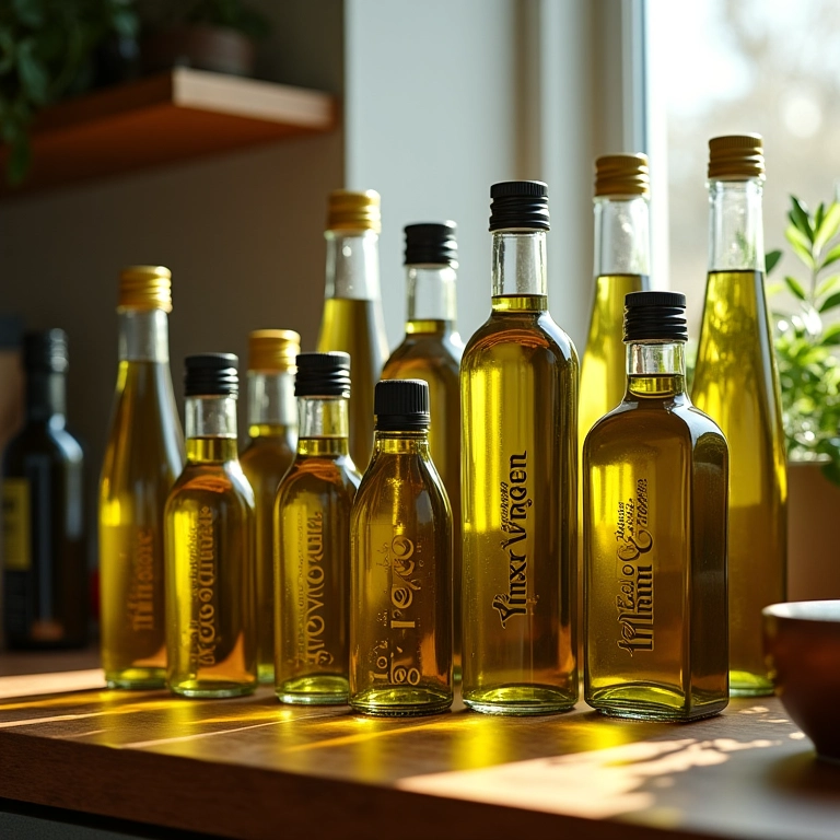 Diferentes garrafas de azeite extra virgem em cozinha iluminada.